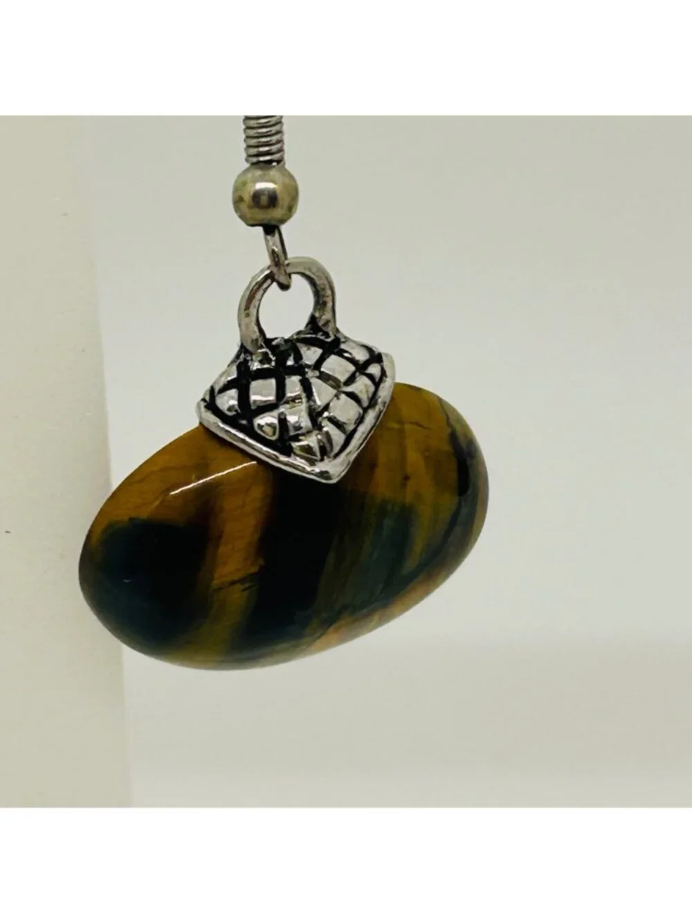 Tiger's Eye Dangle Drop Earrings Oval Gemstone Silver Tone Accents Modernist